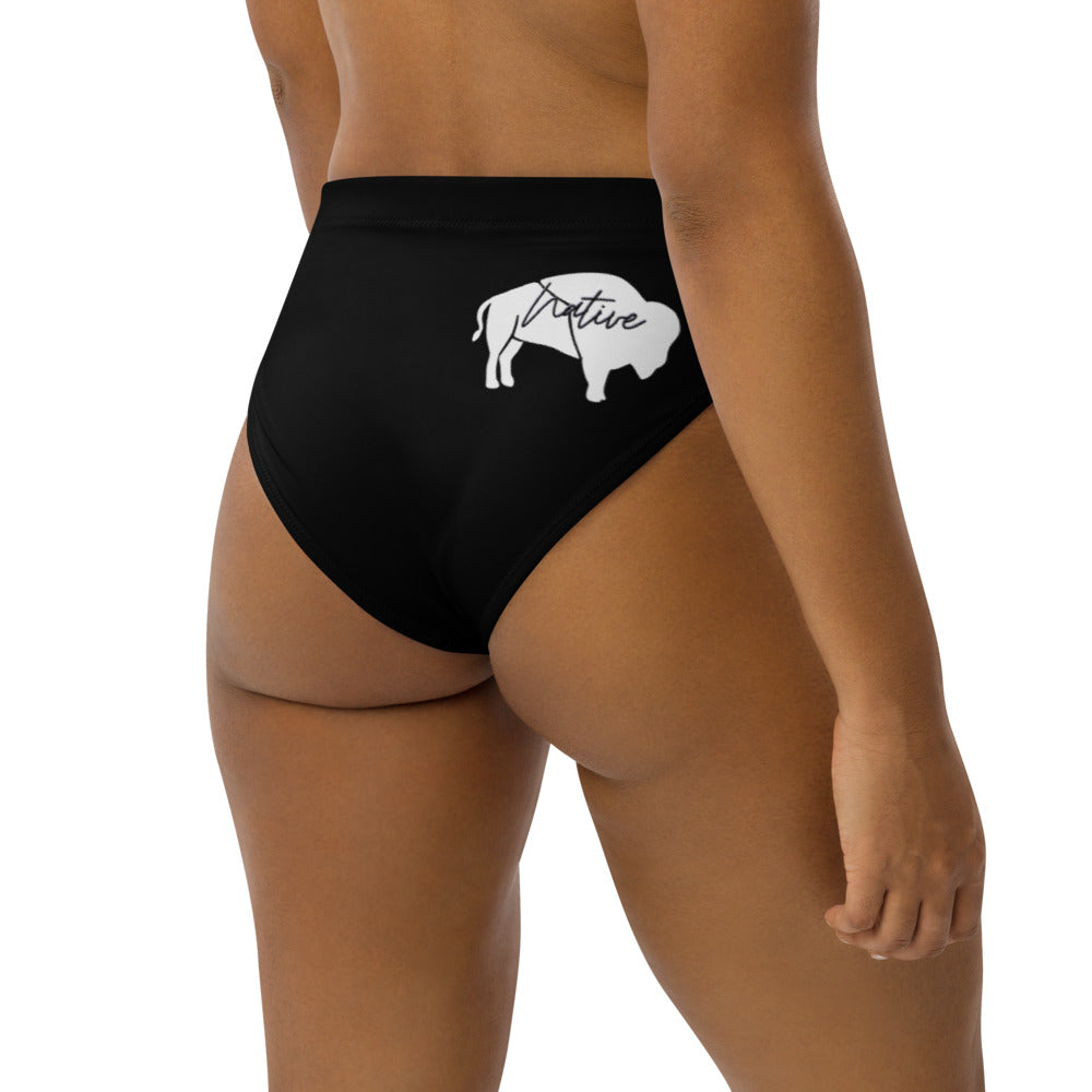 Native Bison White on Black Recycled high-waisted bikini bottom