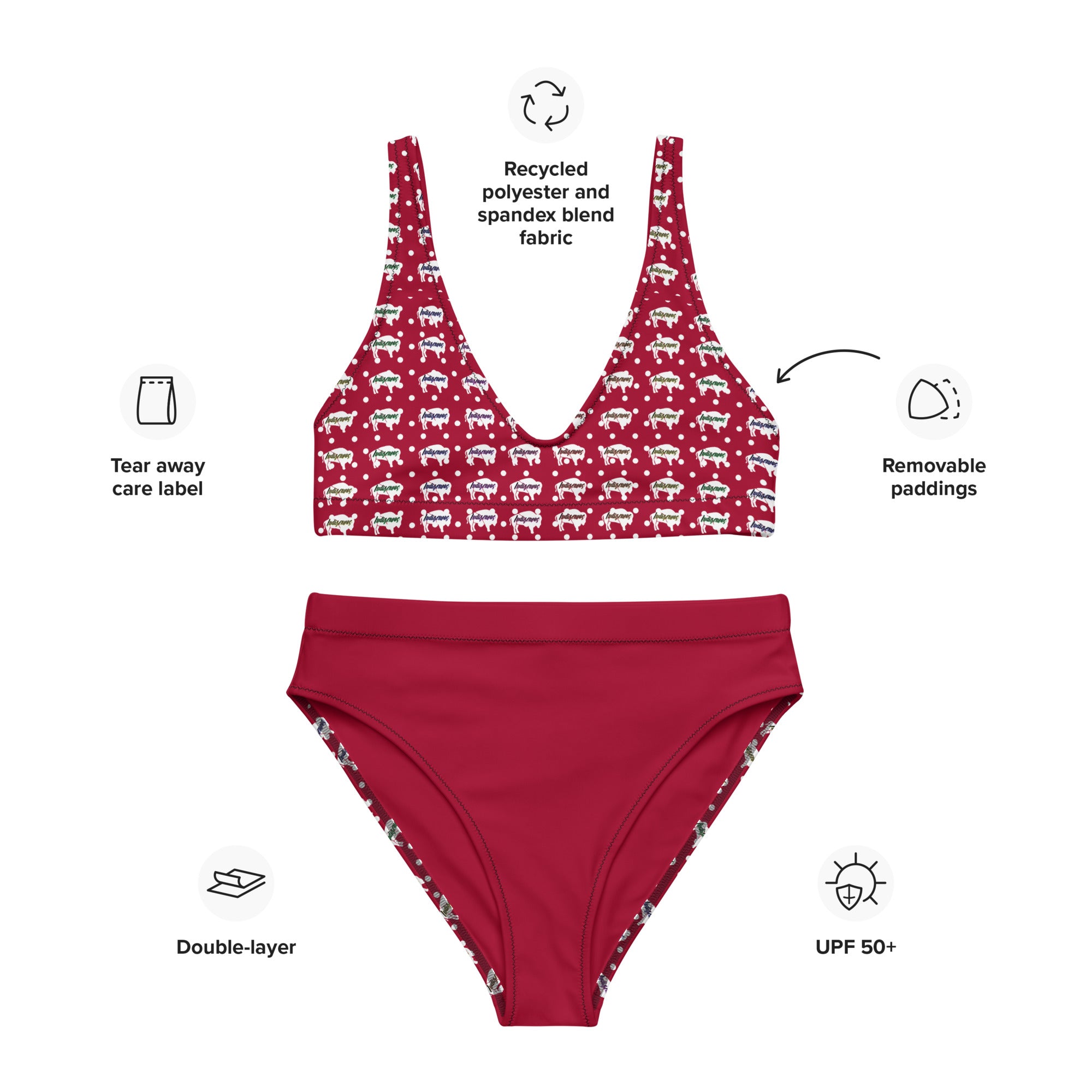 Indigenous Innii Aka Bison Rainbow on Red Recycled high-waisted bikini
