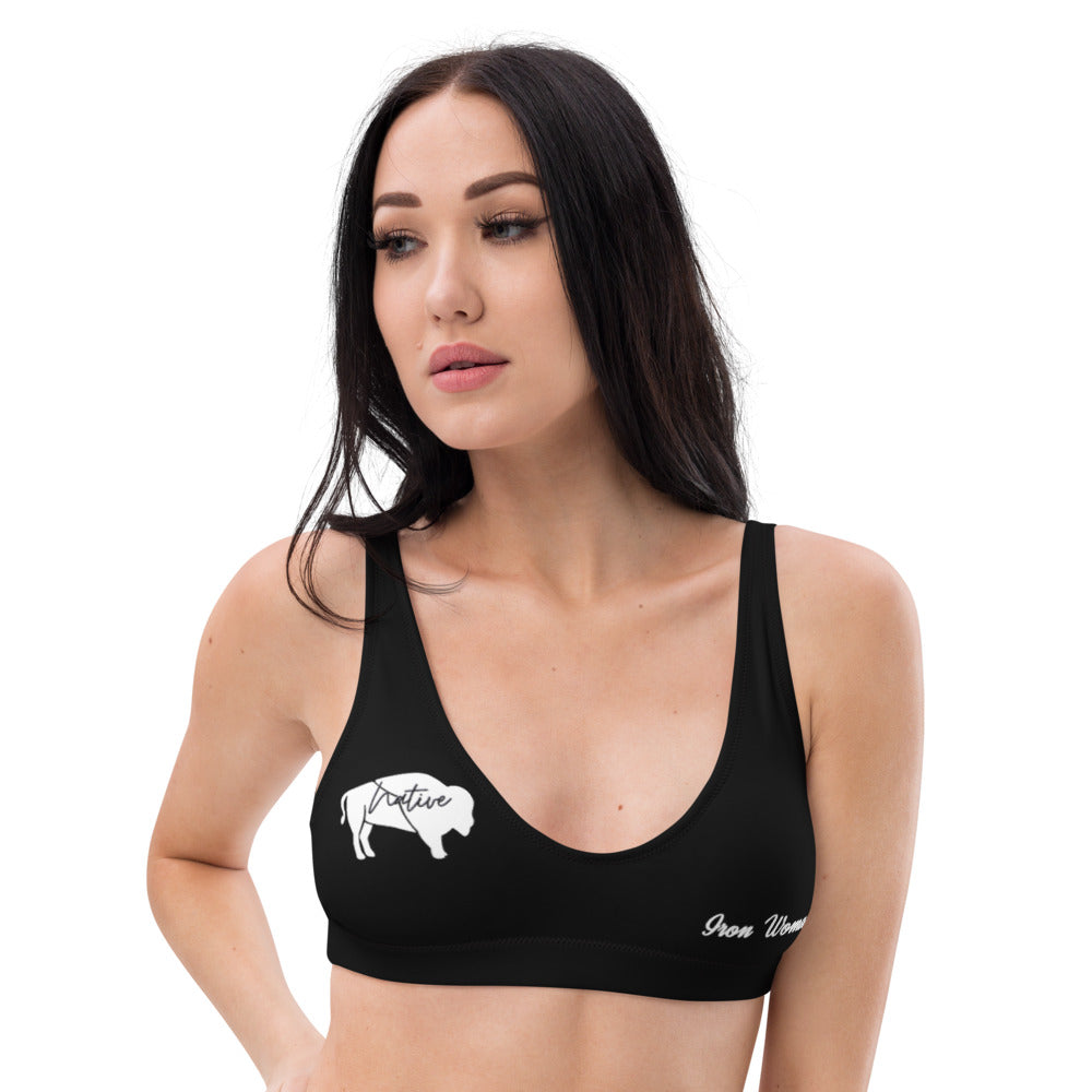 Native Bison White on Black Recycled padded bikini top