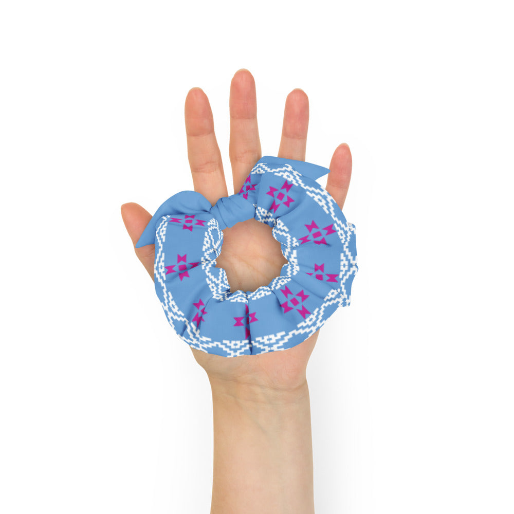Native Pattern pink and white on blue Scrunchie