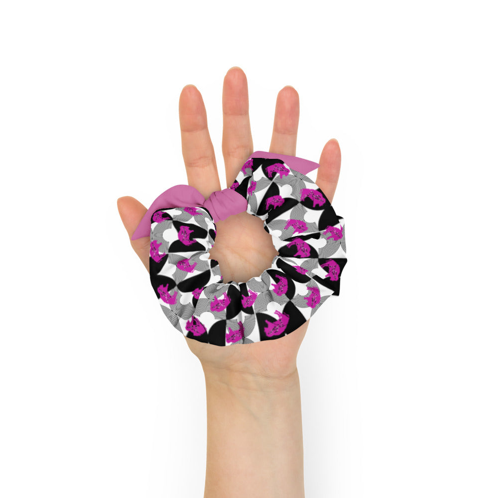 Pink Bison on Geometric Black and White Scrunchie