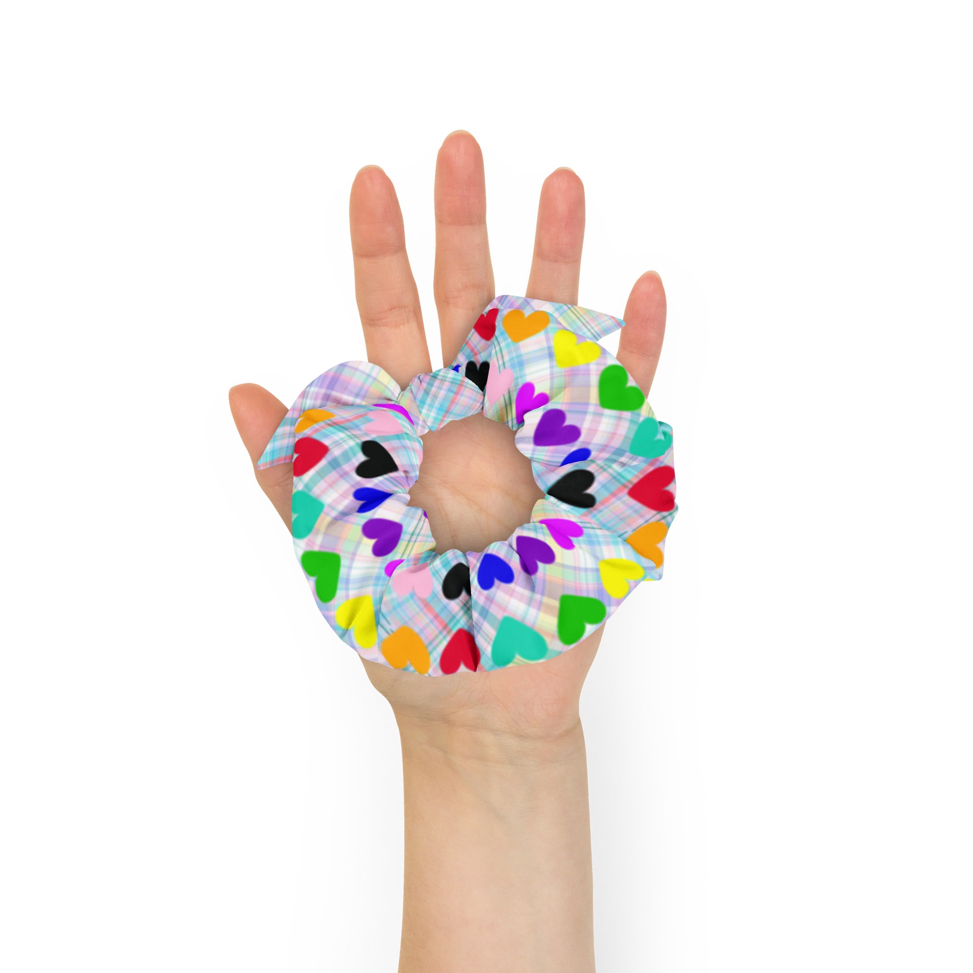 Rainbow hearts on Plaid Scrunchie