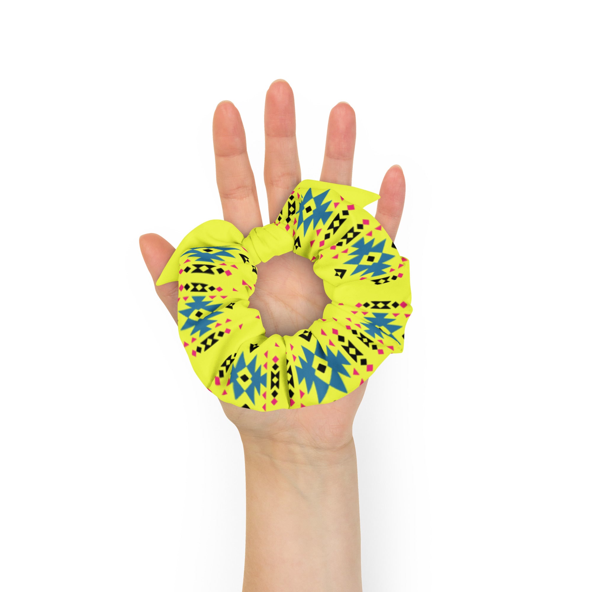 Pink and Teal Native Pattern on Yellow Scrunchie