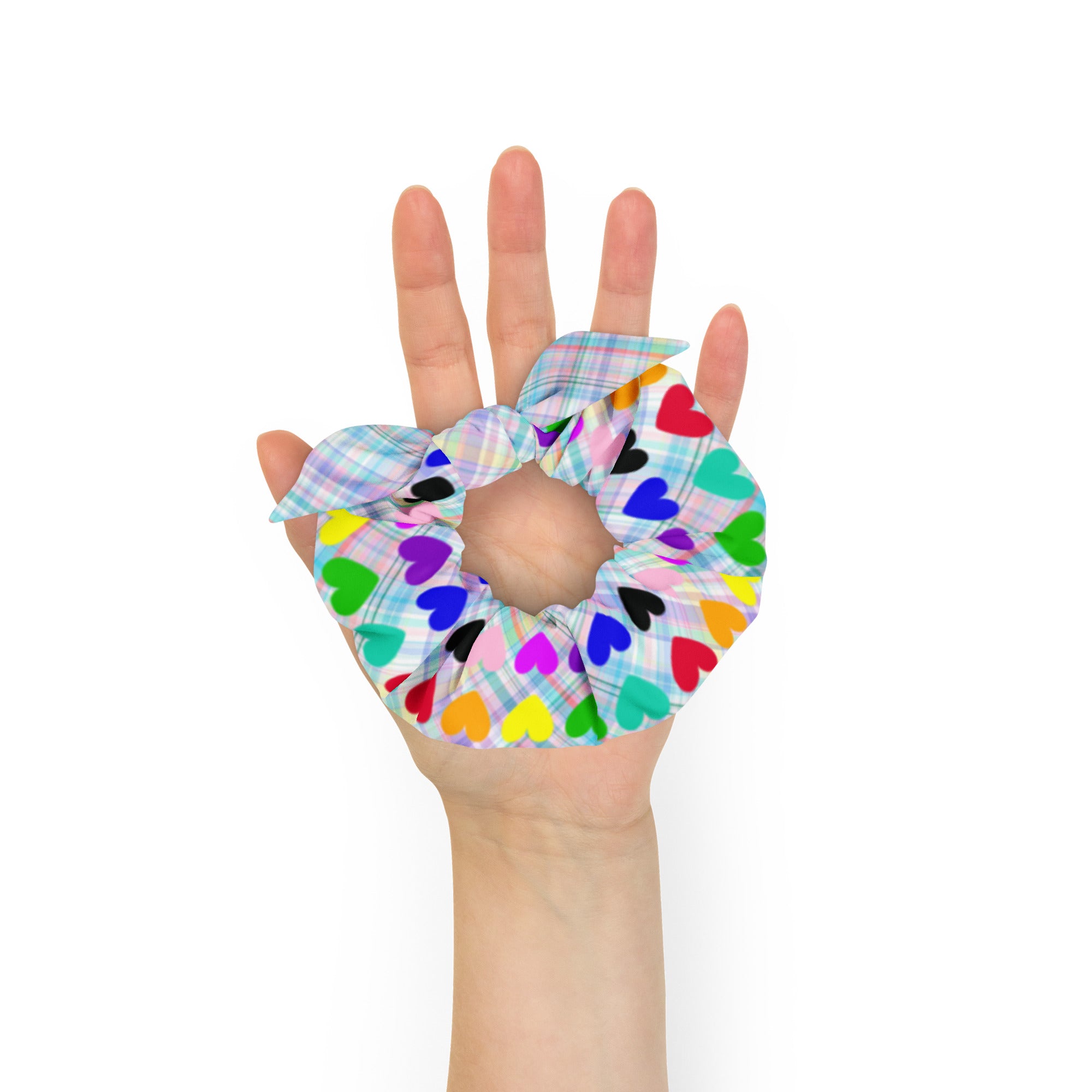 Rainbow hearts on Plaid Scrunchie