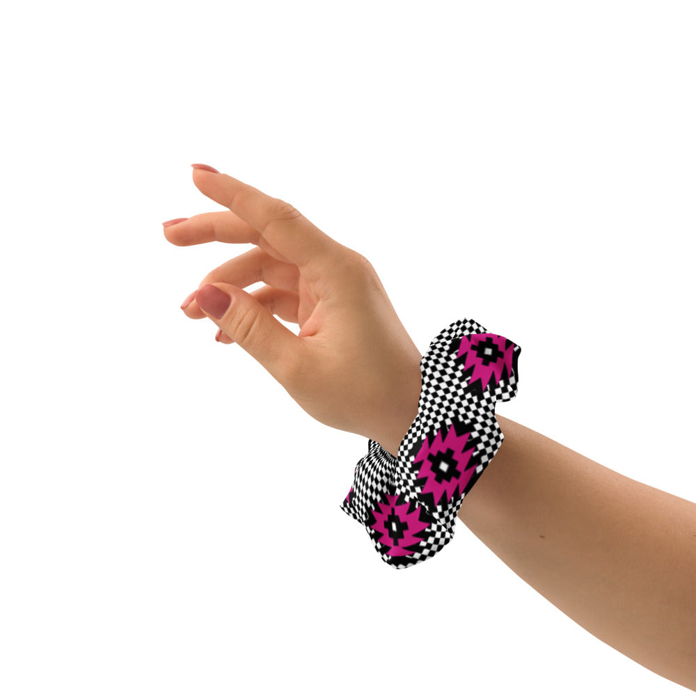 Pink and Black Native Pattern on Geometric pattern Scrunchie