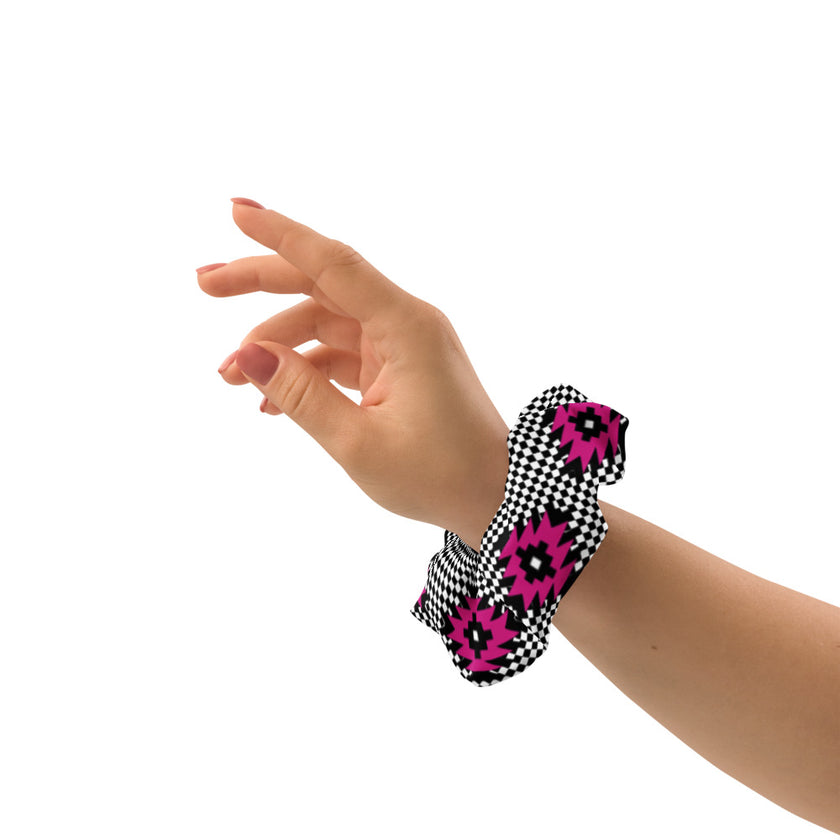 Pink and Black Native Pattern on Geometric pattern Scrunchie