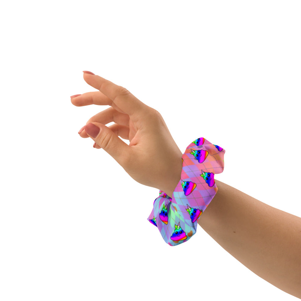 Rainbow Poo Unicorn on Diamond Pattern Scrunchie
