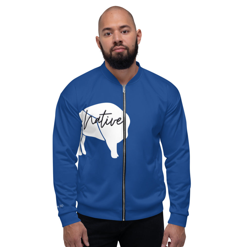 Native Bison White/Blue Unisex Bomber Jacket