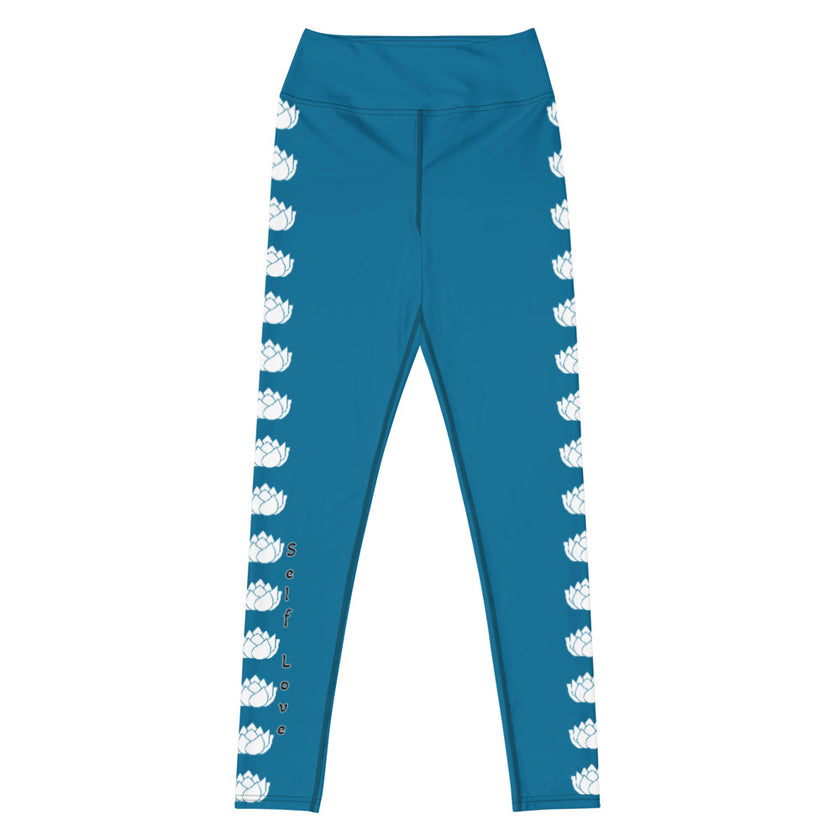 Flowers on Blue Positive Vibes Yoga Leggings with inside pocket