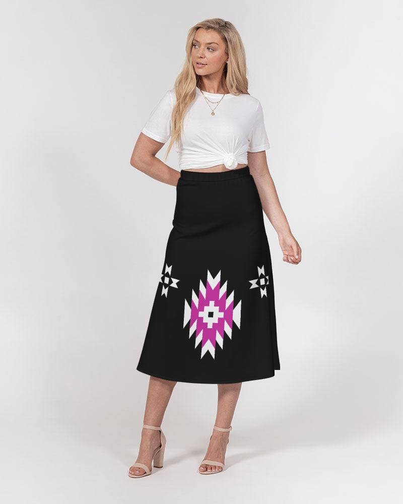 Magenta and Black Geometric Native Pattern Women's A-Line Midi Skirt
