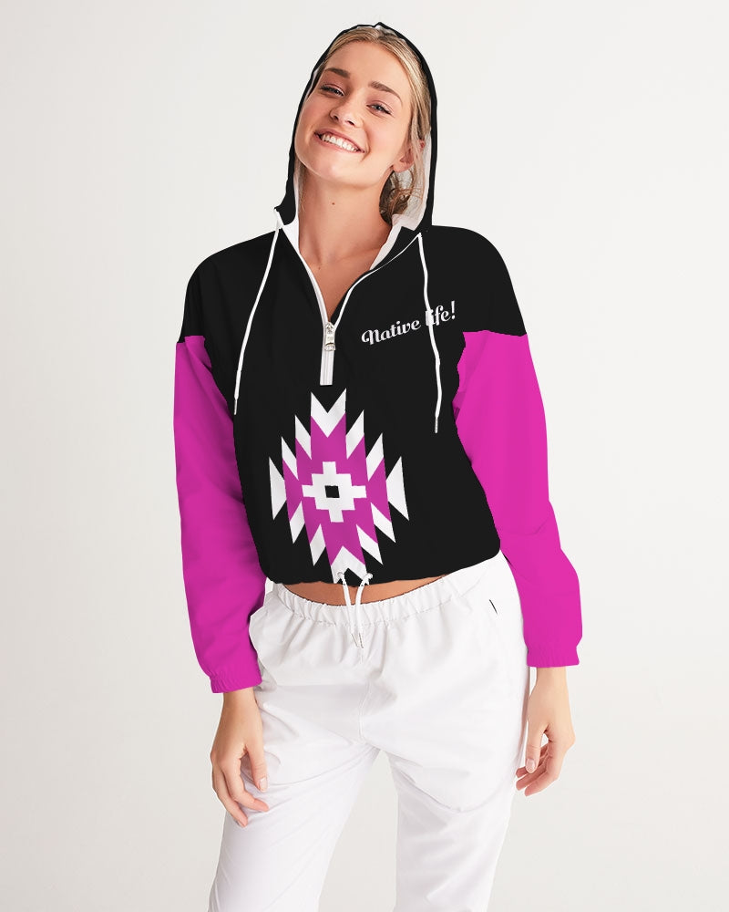 Magenta and Black Geometric Native Pattern Women's Cropped Windbreaker