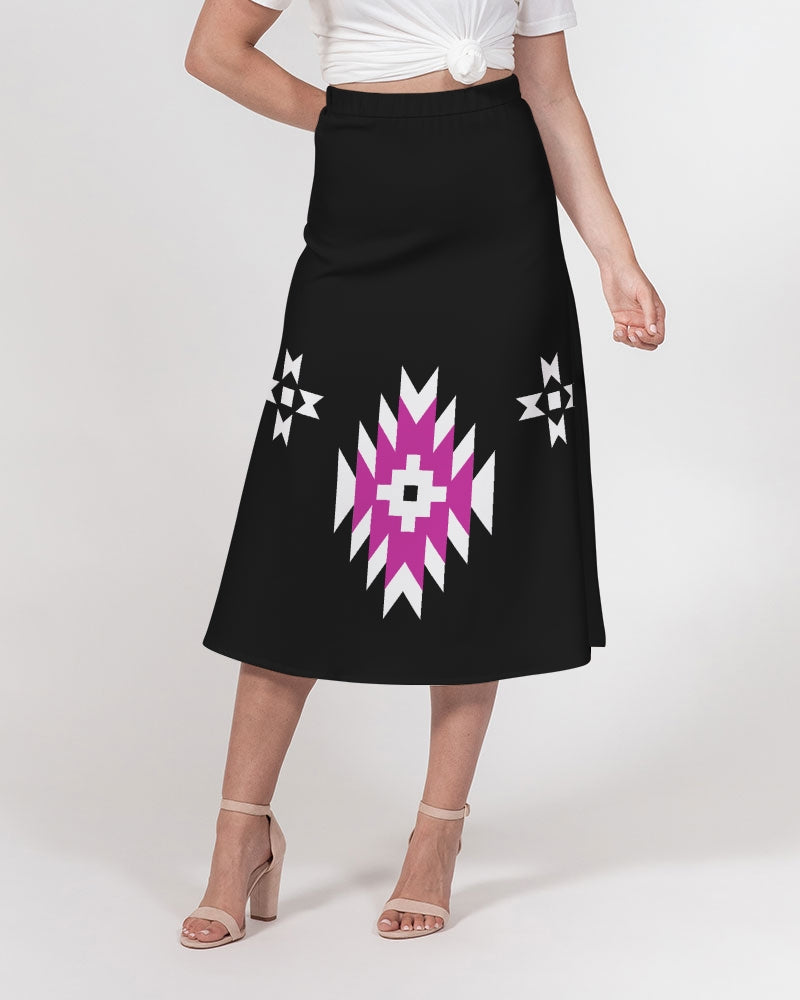 Magenta and Black Geometric Native Pattern Women's A-Line Midi Skirt
