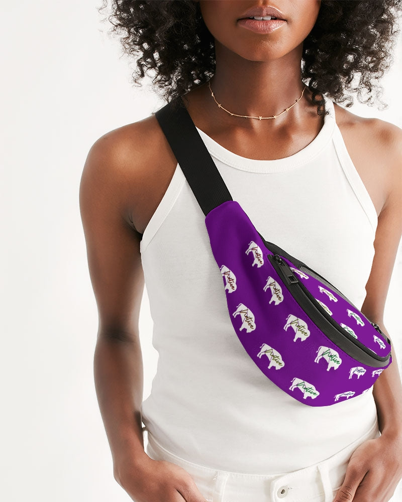 White Innii-Bison with Rainbow Native Text Purple Native Women Crossbody Sling Bag