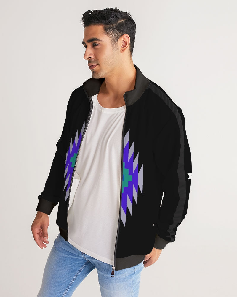 Black, Green and Purple Geometric Native Pattern Men's Stripe-Sleeve Track Jacket