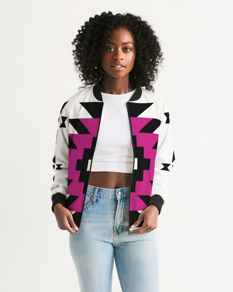 Magenta and Black Geometric Native Pattern Jacket Women's Bomber Jacket