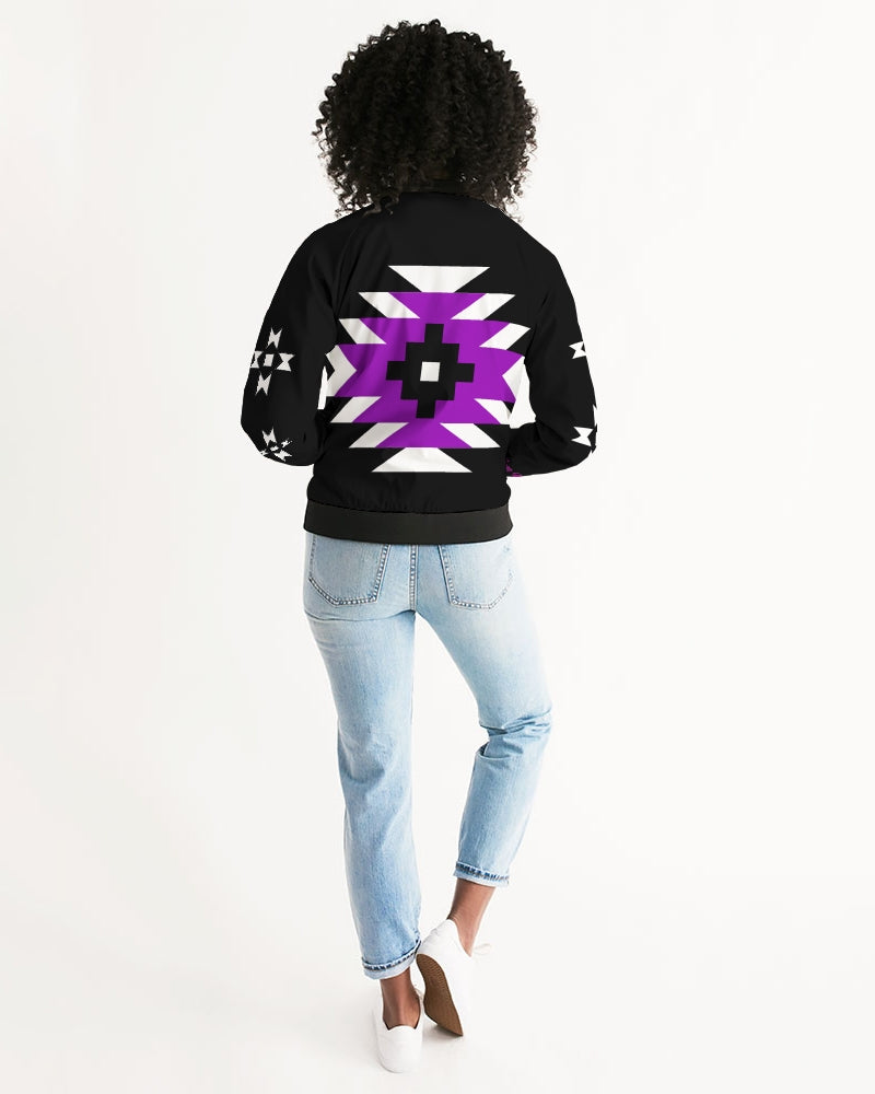 Black, Purple and White  Geometric Native Pattern Women's Bomber Jacket