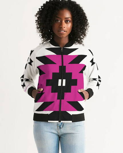 Magenta and Black Geometric Native Pattern Jacket Women's Bomber Jacket