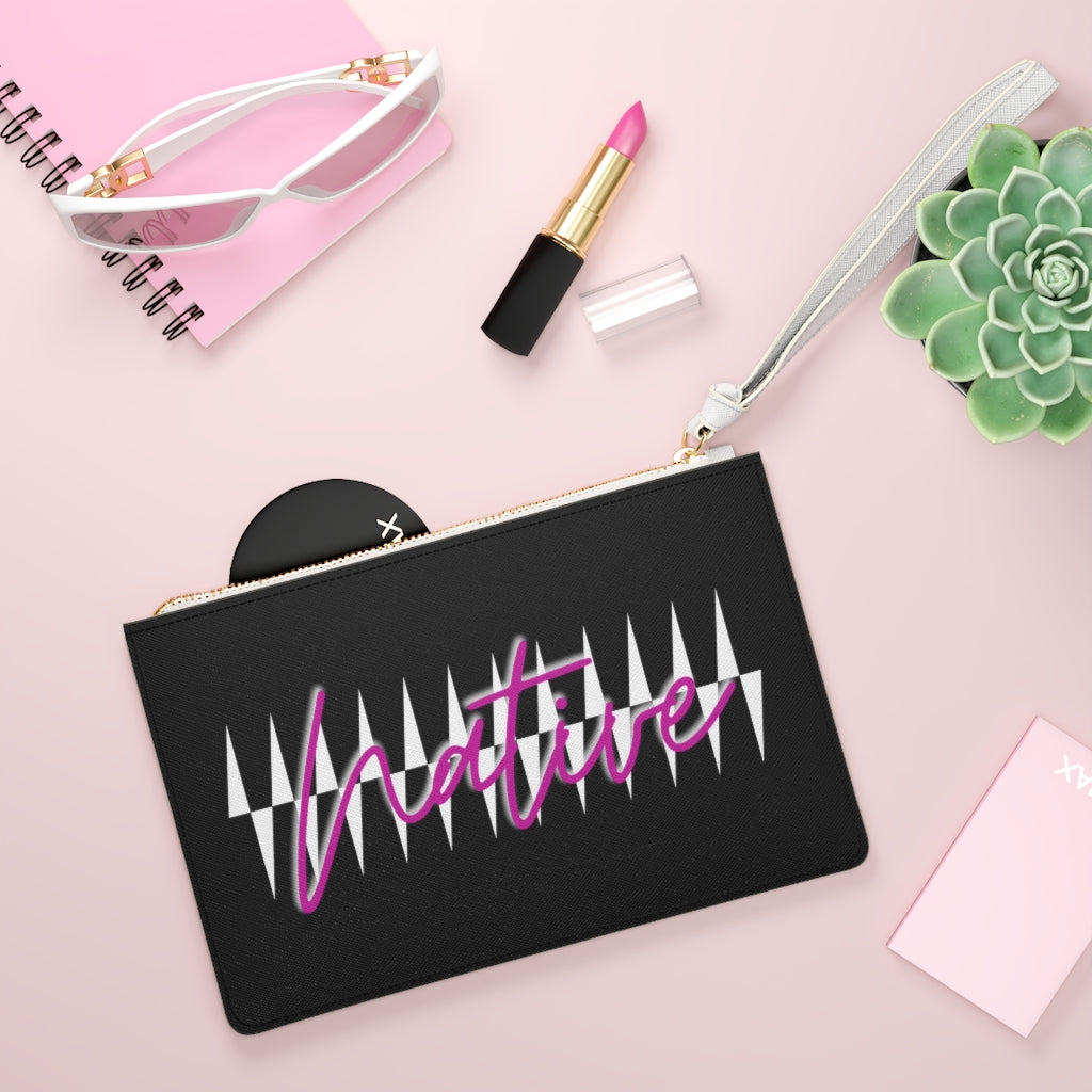 Pink Native with Pattern on Black Clutch Bag