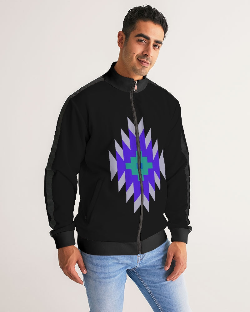 Black, Green and Purple Geometric Native Pattern Men's Stripe-Sleeve Track Jacket