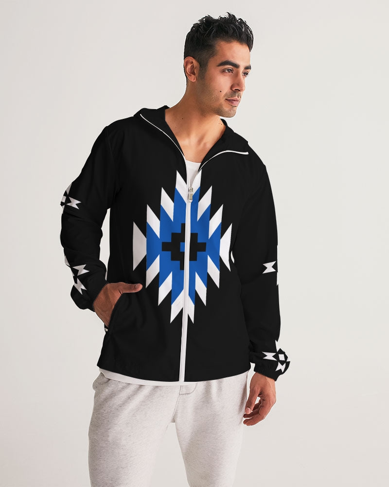 Blue, Black and White Geometric Native Pattern Men's Windbreaker