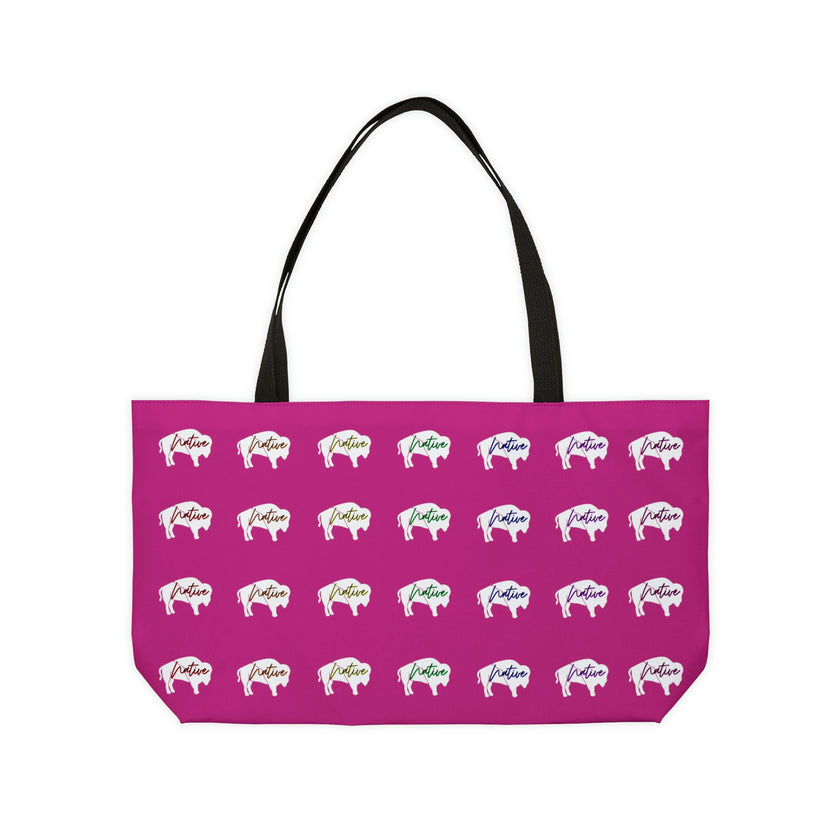 Magenta-Rainbow Native White Innii-Bison-Native Collection-Iron Woman 80 Weekender Tote Bag