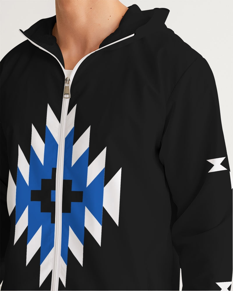 Blue, Black and White Geometric Native Pattern Men's Windbreaker