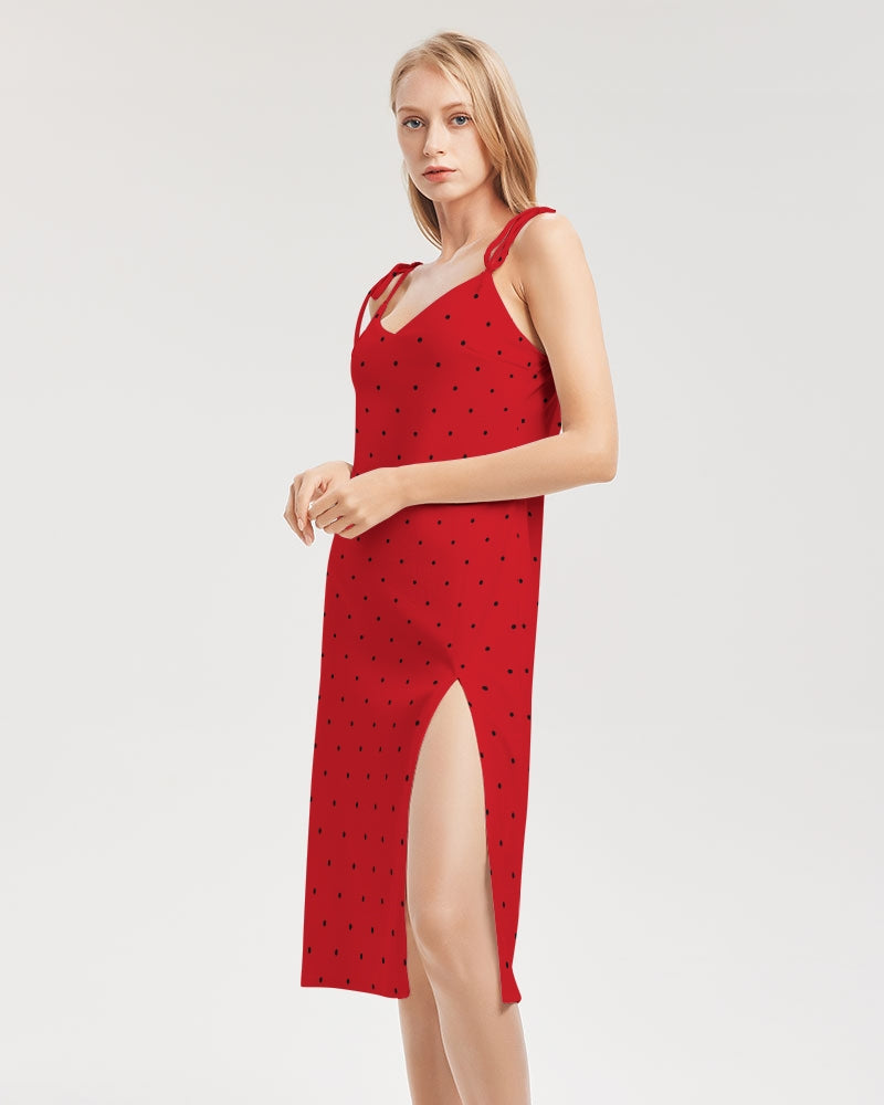 Black Polka dots on Red Women's Tie Strap Split Dress