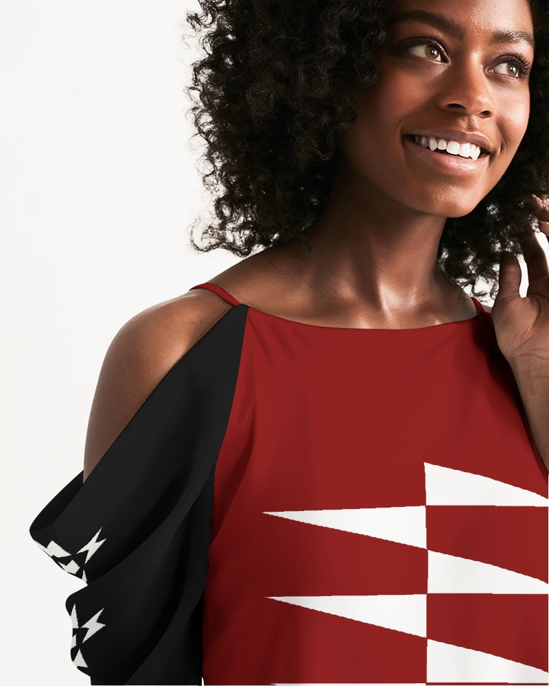 Native Print White on Red and Black Women's Open Shoulder A-Line Dress