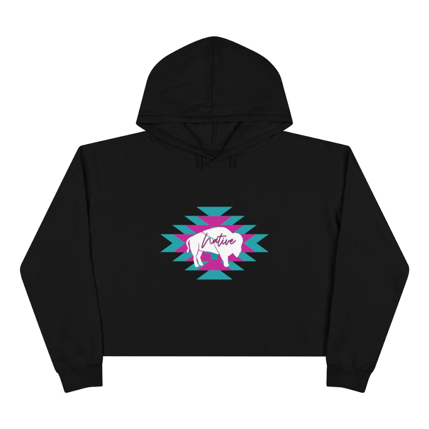 Native Bison and Pattern Crop Hoodie
