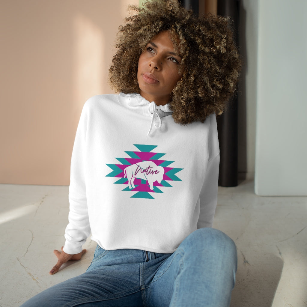 Native Bison and Pattern Crop Hoodie