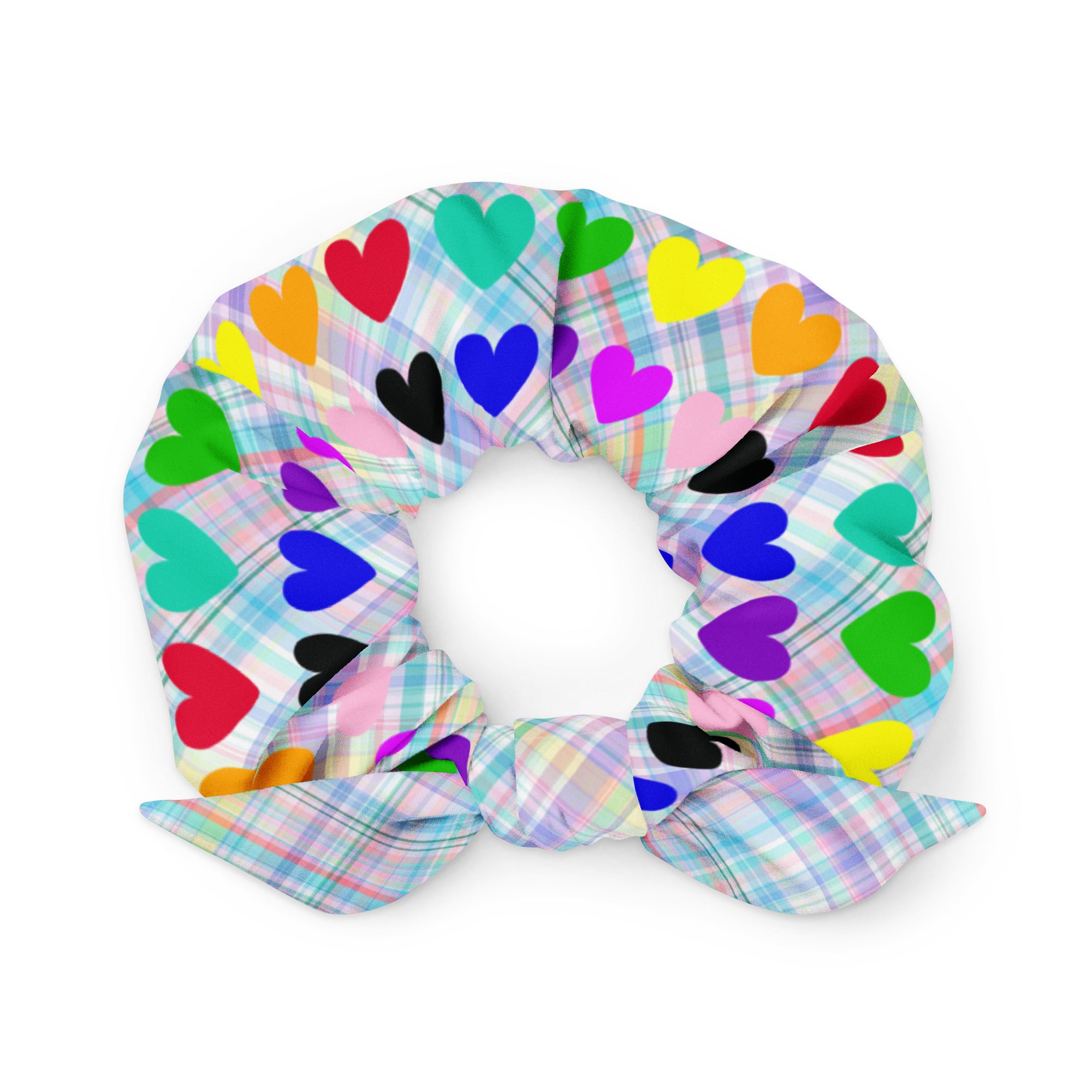 Rainbow hearts on Plaid Scrunchie