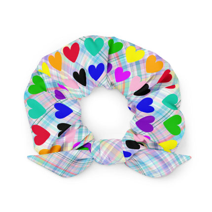Rainbow hearts on Plaid Scrunchie