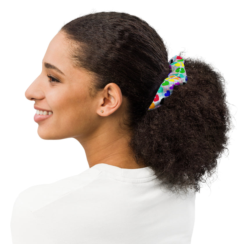 Rainbow hearts on Plaid Scrunchie