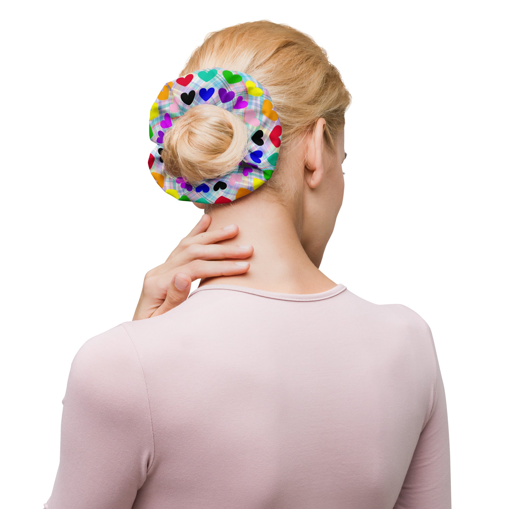 Rainbow hearts on Plaid Scrunchie
