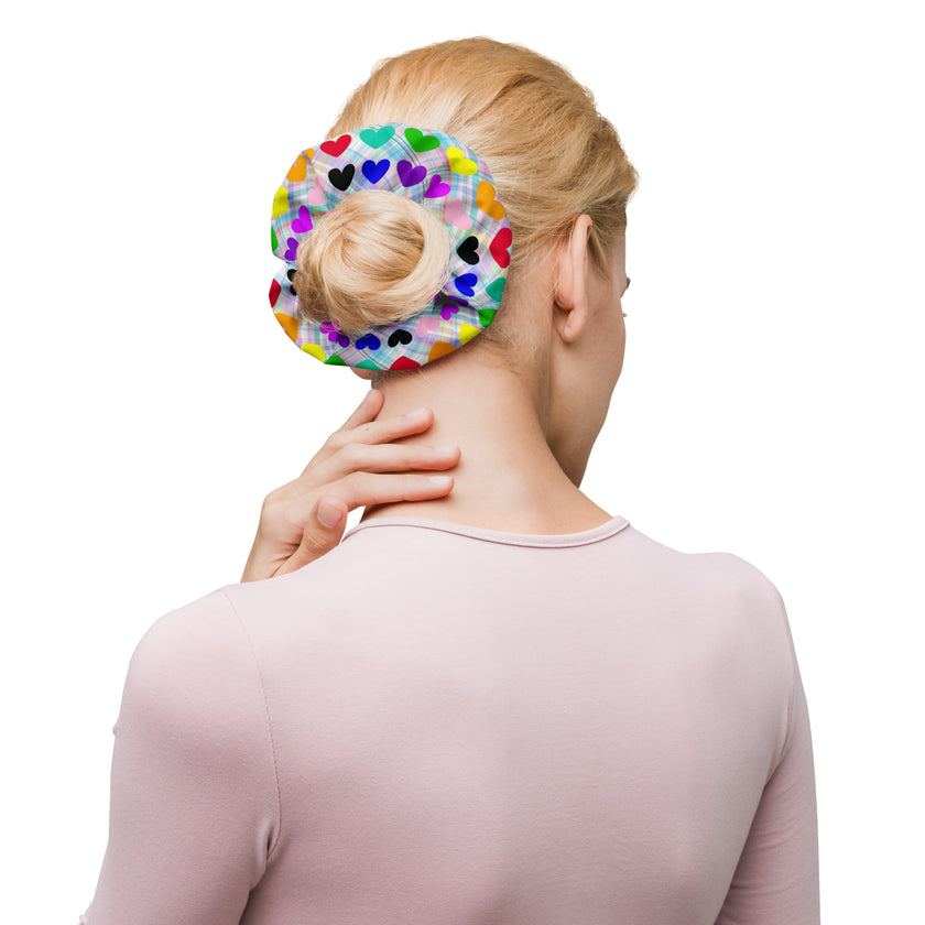 Rainbow hearts on Plaid Scrunchie