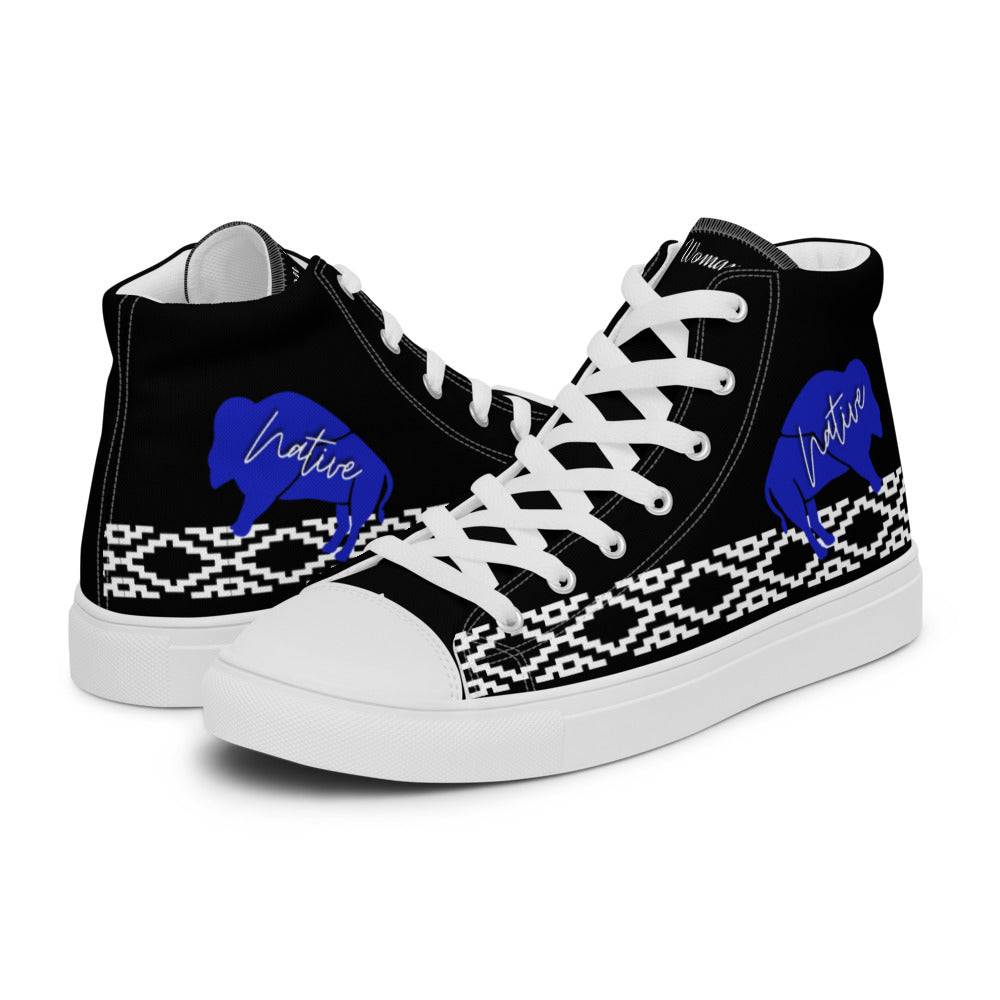 Native Bison White with Pattern on Black Men’s high top canvas shoes