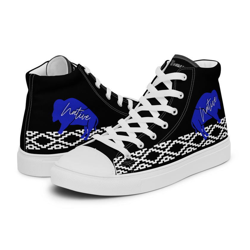 Native Bison White with Pattern on Black Men’s high top canvas shoes