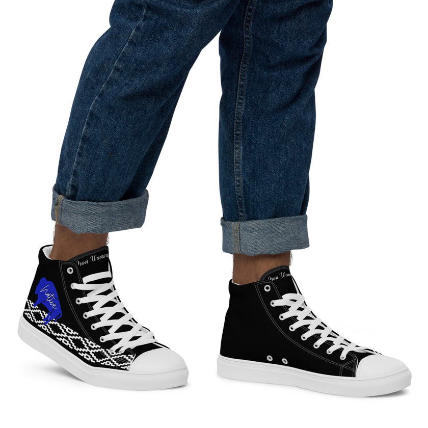 Native Bison White with Pattern on Black Men’s high top canvas shoes