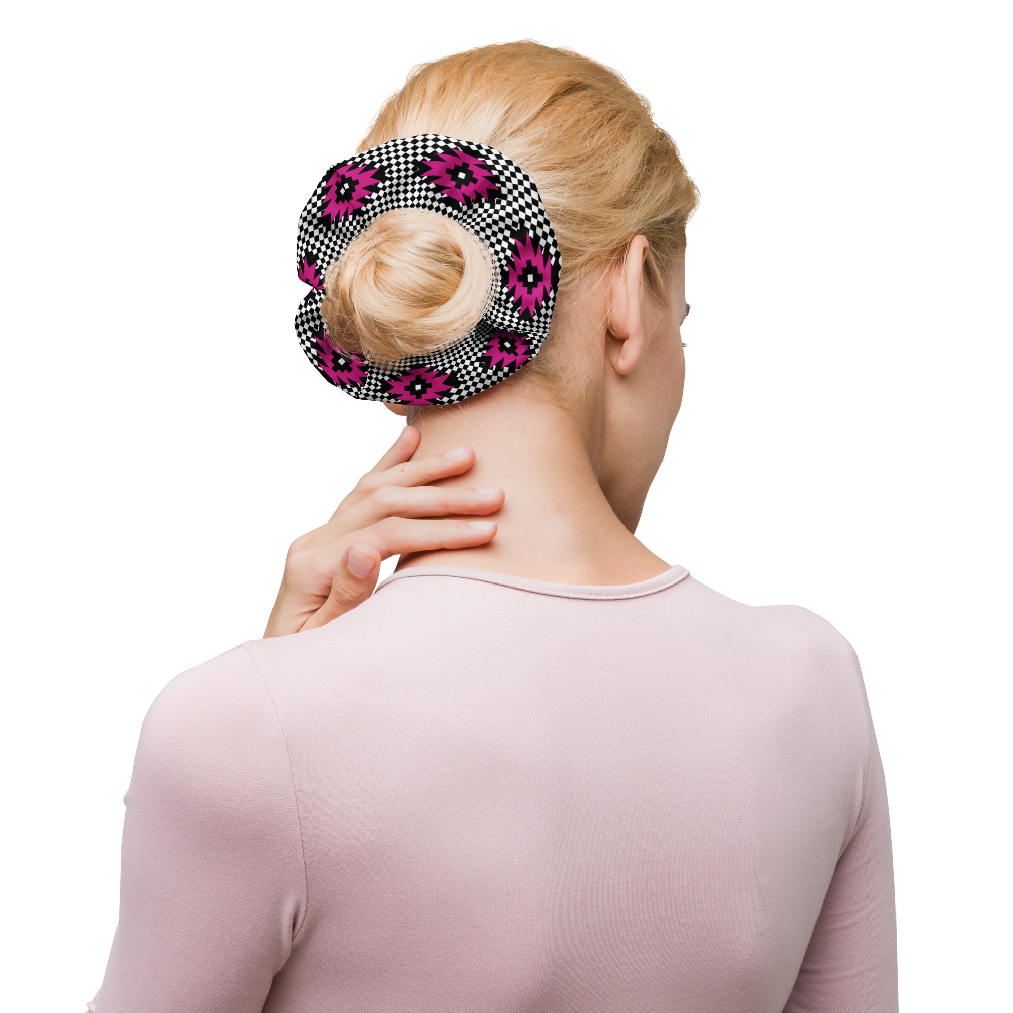 Pink and Black Native Pattern on Geometric pattern Scrunchie