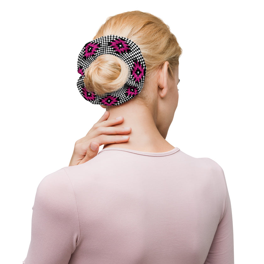 Pink and Black Native Pattern on Geometric pattern Scrunchie