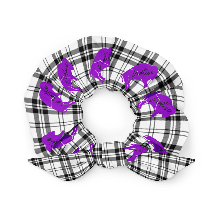 Purple Native Bison on Plaid Scrunchie