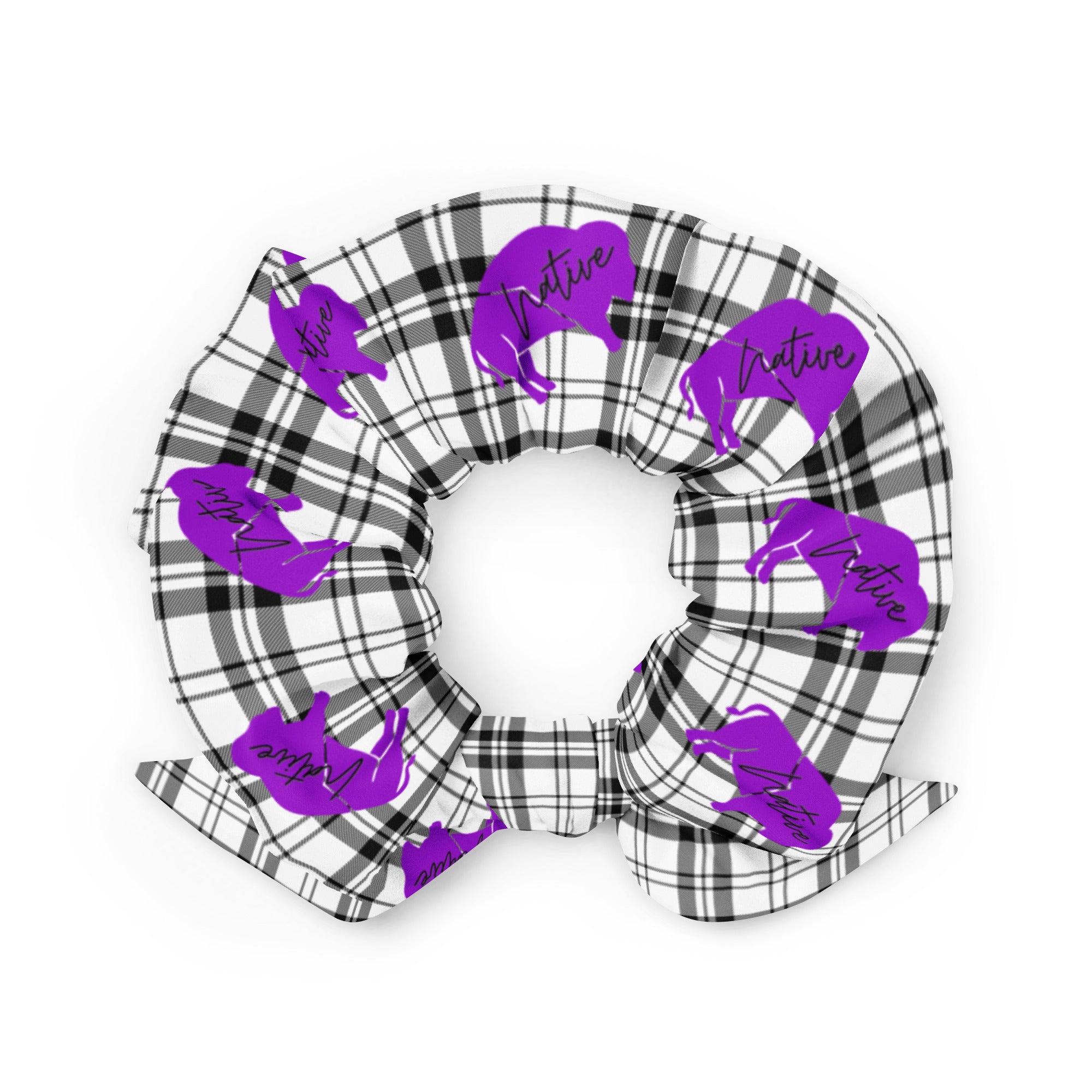 Purple Native Bison on Plaid Scrunchie