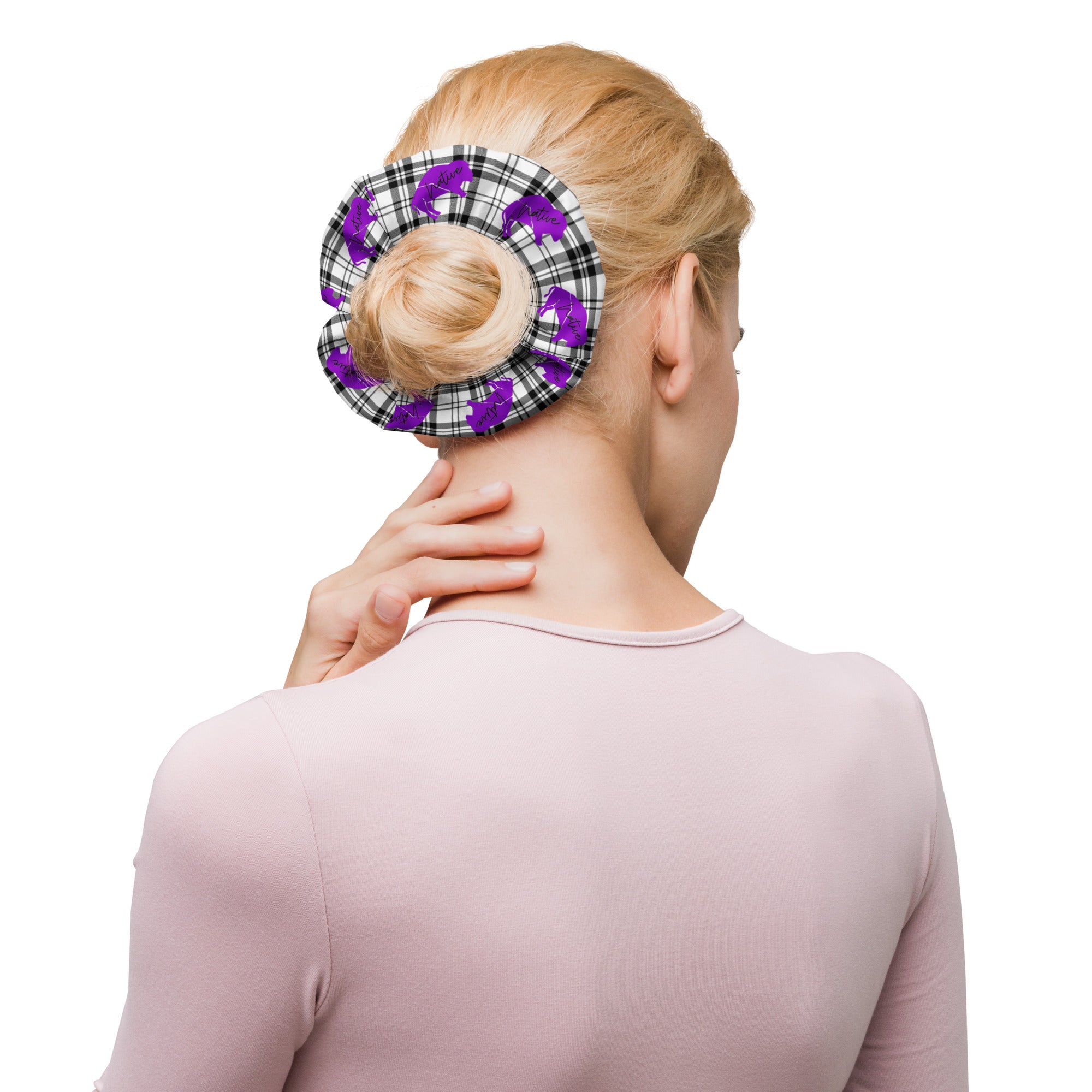 Purple Native Bison on Plaid Scrunchie