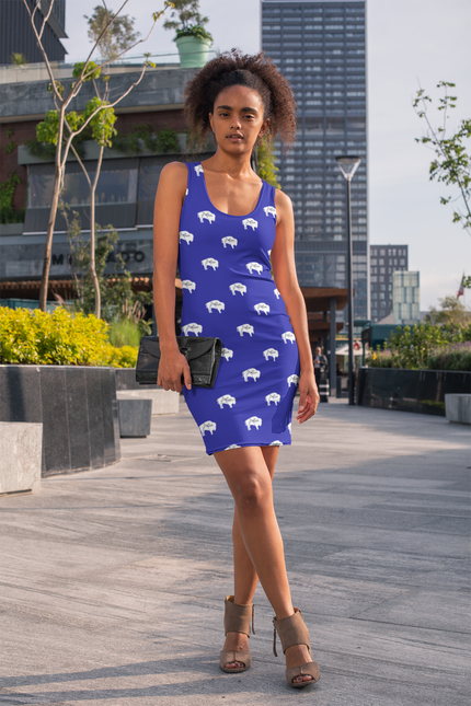 Native Bison White with Black text Blue Cut & Sew Dress