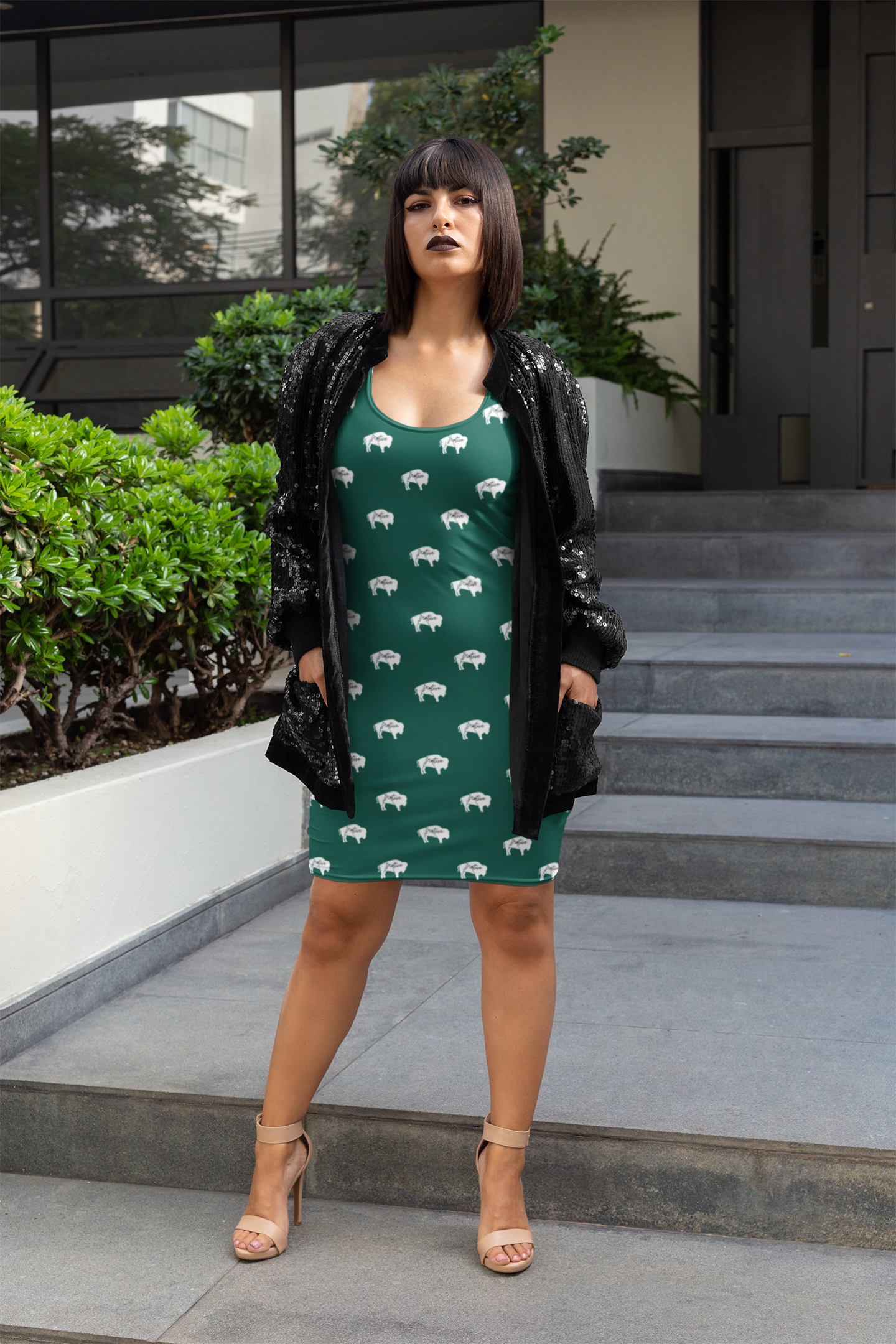 Native Bison White with Black text Emerald Cut & Sew Dress