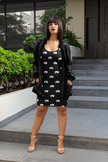Native Bison White with Black text Black Cut & Sew Dress