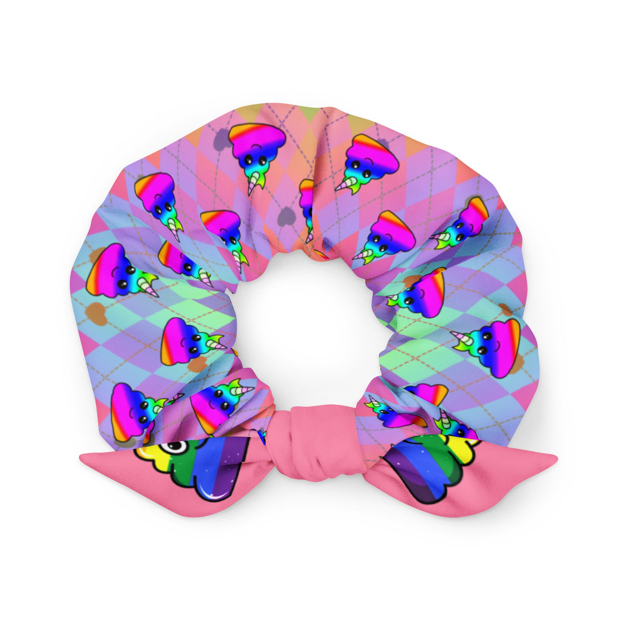 Rainbow Poo Unicorn on Diamond Pattern Scrunchie
