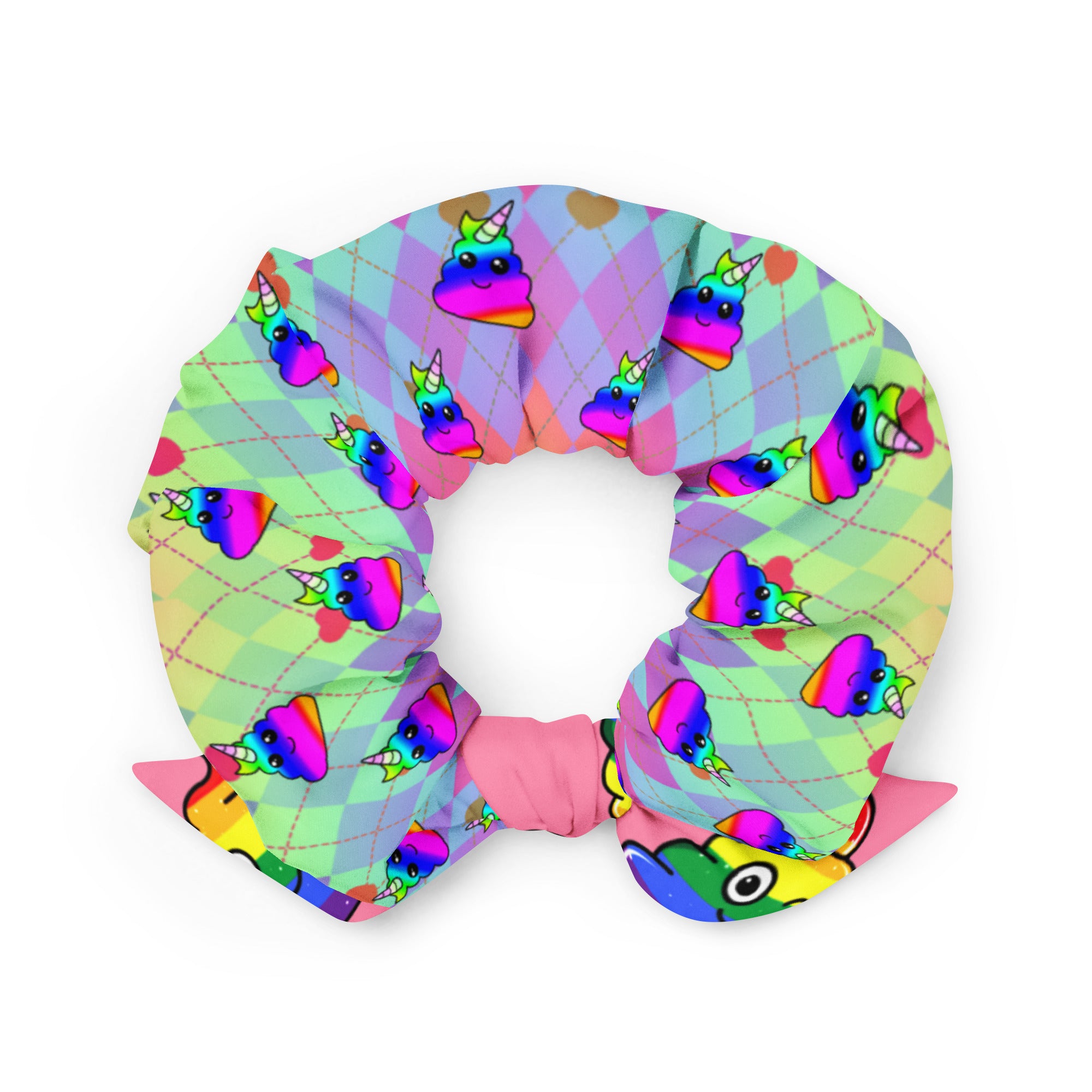 Rainbow Poo Unicorn on Diamond Pattern Scrunchie