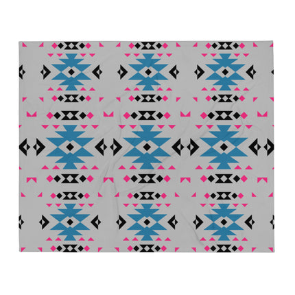Native Pink and Teal Pattern on Gray Throw Blanket