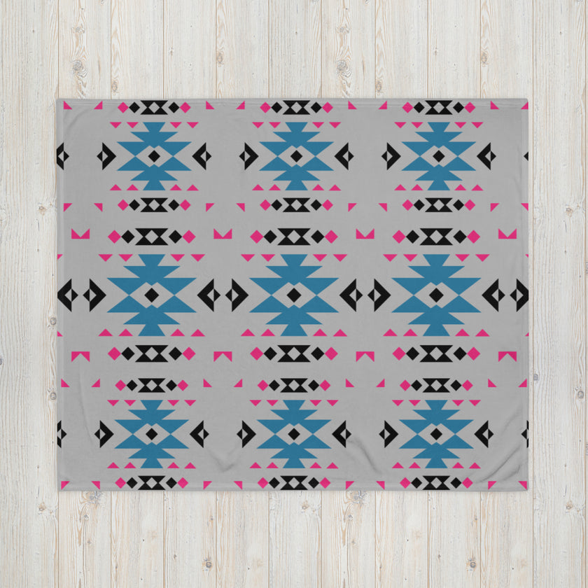 Native Pink and Teal Pattern on Gray Throw Blanket